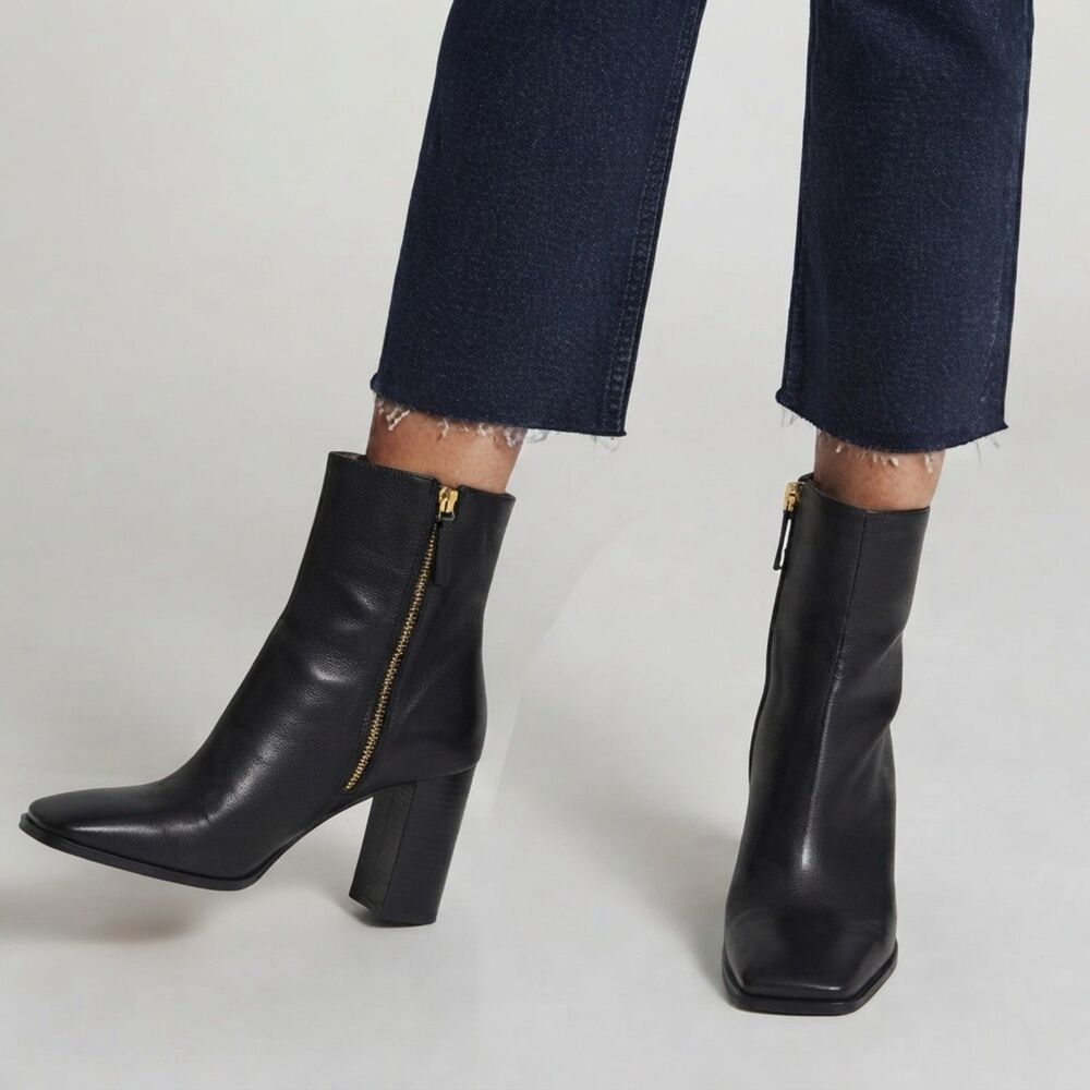 Reiss Black Leather Block Heel Square Toe Ankle Boots Zip Sz 10 US / 41 EU